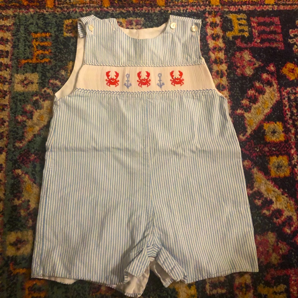 Petit Bebe boys smocked crab outfit. 9 month